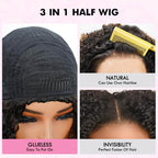 QVR Glueless Water Wave Half Wig 250% Density Human Hair Wig Natural Black Wear Go Flip Over Wig