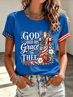 Women's Floral American Flag Printed Casual T-shirt