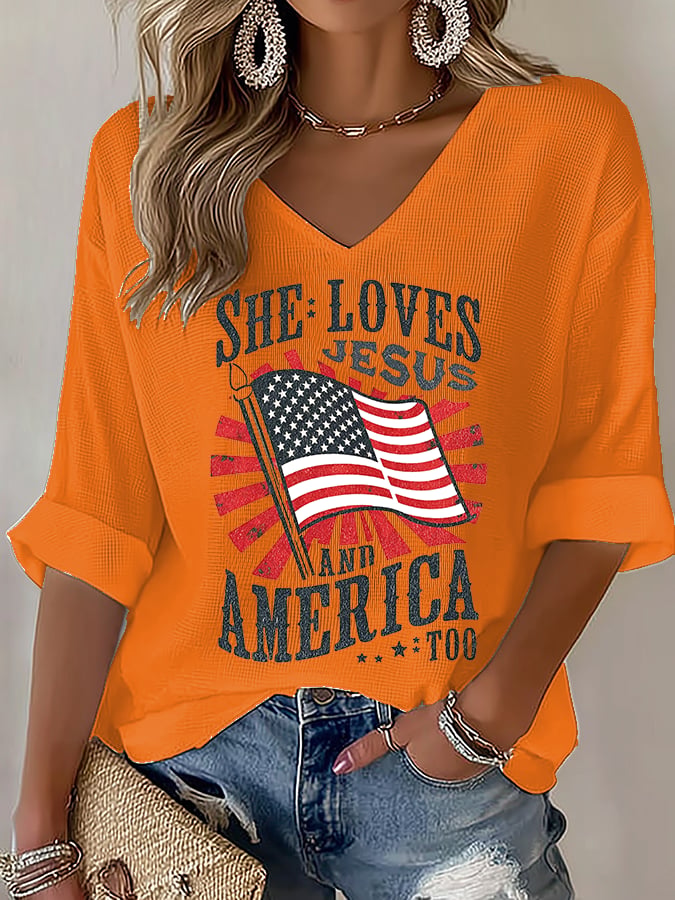 V-Neck She loves JESUS and AMERICA Printed T-Shirt