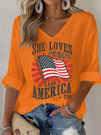 V-Neck She loves JESUS and AMERICA Printed T-Shirt