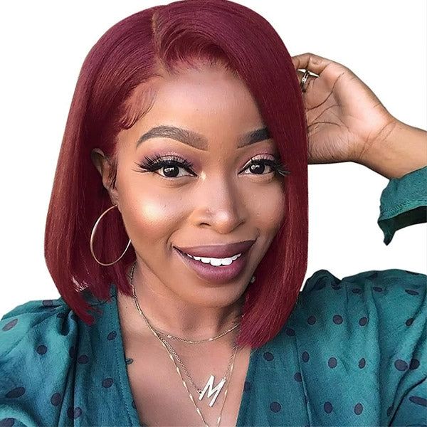 QVR 99J Burgundy Color Hair Short Bob Wigs Straight Human Hair Wigs Short Lace Wigs
