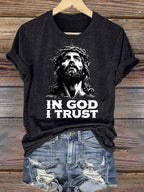 Women's  In God I Trust Christian T-Shirt, Retro Jesus Portrait Graphic Tee, Faith Based Religious Shirt