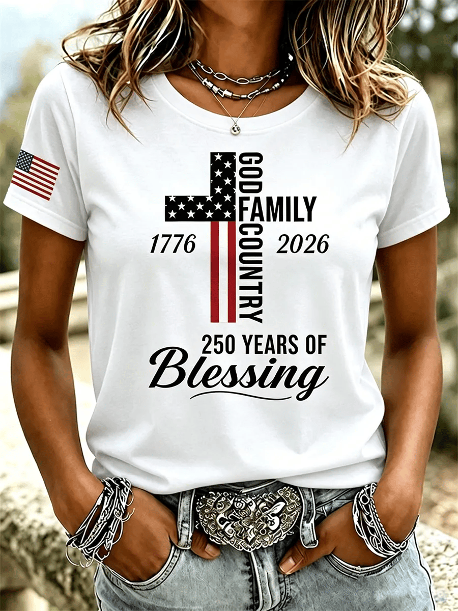 Women's God Family Country 1776-2026 Cross Flag Graphic Short Sleeve Tee