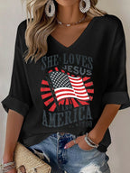 V-Neck She loves JESUS and AMERICA Printed T-Shirt