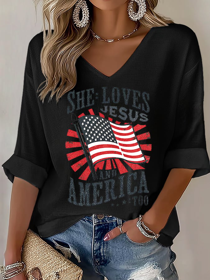 V-Neck She loves JESUS and AMERICA Printed T-Shirt