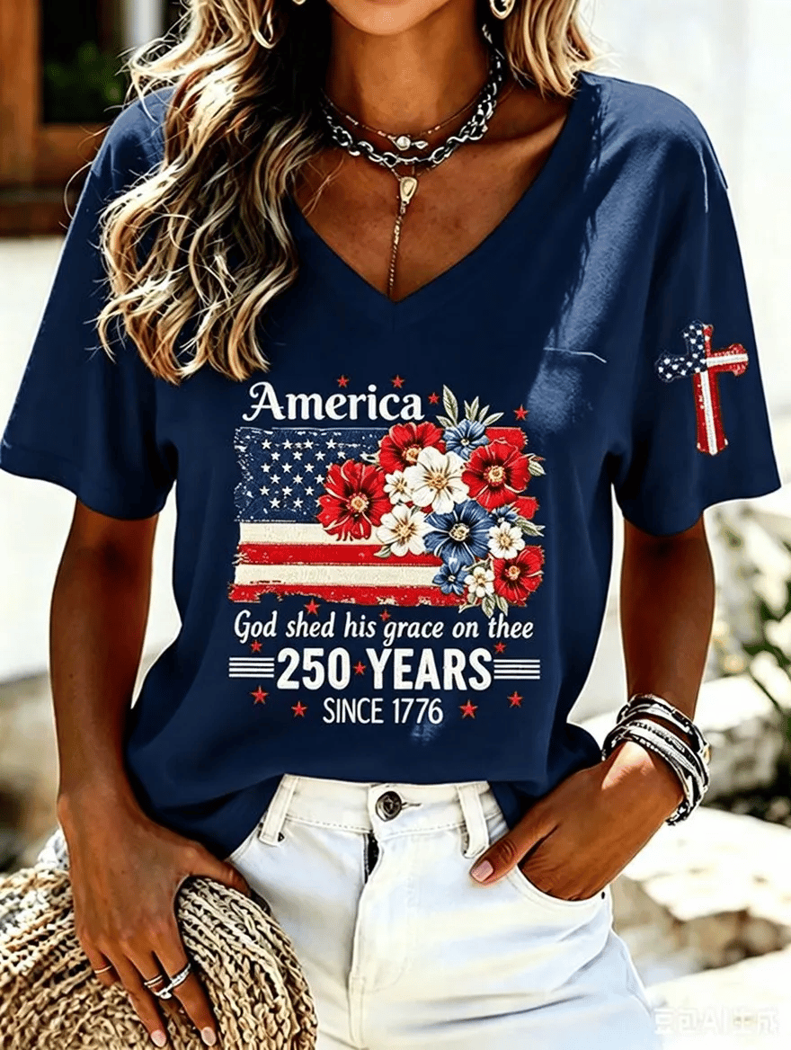 Women'S America Flower Print Printed T-Shirt