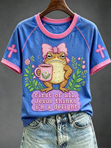 Women's First Of All Jesus Thinks I'm A Delight Funny Christian Frog Printed Casual Tops