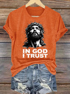 Women's  In God I Trust Christian T-Shirt, Retro Jesus Portrait Graphic Tee, Faith Based Religious Shirt