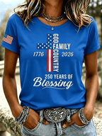 Women's God Family Country 1776-2026 Cross Flag Graphic Short Sleeve Tee