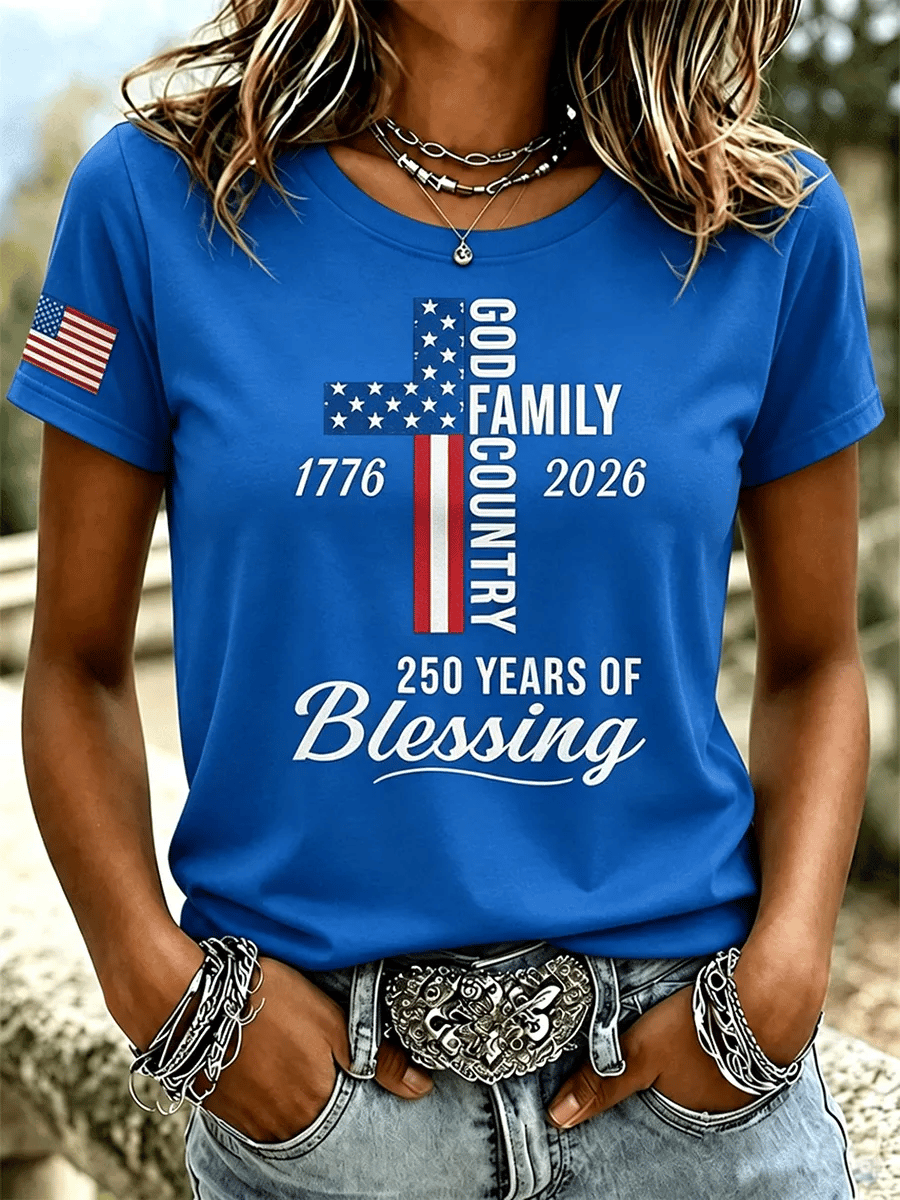 Women's God Family Country 1776-2026 Cross Flag Graphic Short Sleeve Tee