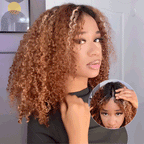 QVR Invisible Lace Edge Kinky Curly V Part Wigs Highlight #1B/33/30/613 No Leave Out Human Hair Wig