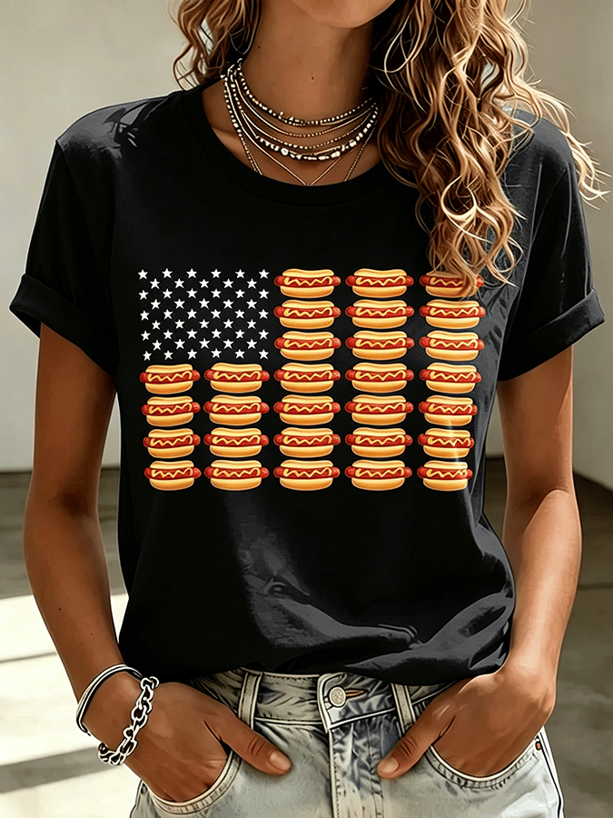 Women's Hot Dog Pattern American Flag Patriotic Print Comfortable Pure Cotton T-Shirt