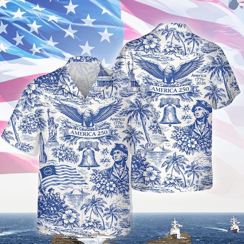 America 250 Hawaiian Shirt, Patriotic USA 1776 2026 Vintage 4th July Button Up