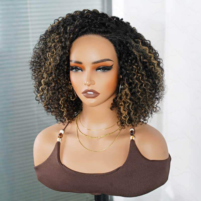 QVR Honey Blonde Highlight Short Cut Curly Wig Glueless Side Part Wig Beginner Friendly