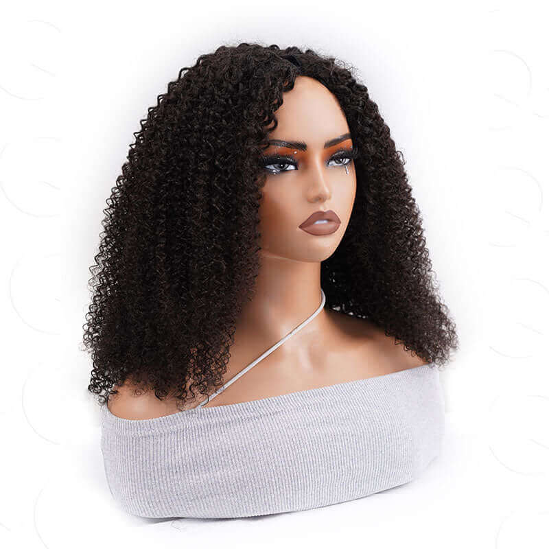 QVR Glueless Burmese Curly V Part Wigs Natural Black Invisible Lace Edge Human Hair Wig