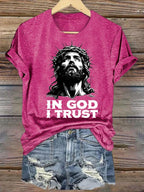 Women's  In God I Trust Christian T-Shirt, Retro Jesus Portrait Graphic Tee, Faith Based Religious Shirt