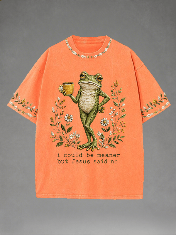 Men's Washed Crew-Neck i could be meaner but Jesus said no Print T-Shirt
