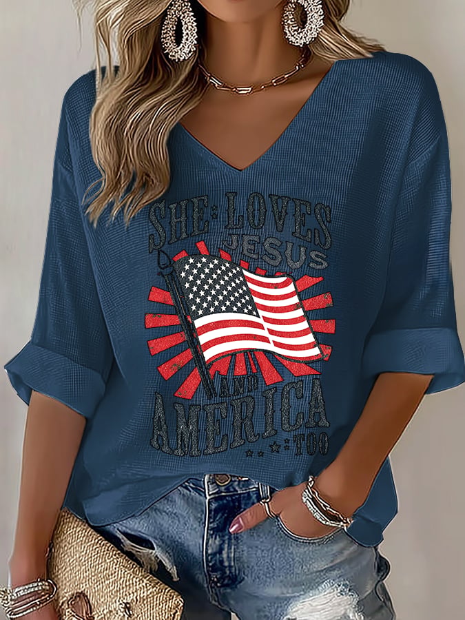 V-Neck She loves JESUS and AMERICA Printed T-Shirt