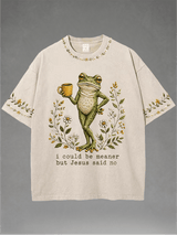 Men's Washed Crew-Neck i could be meaner but Jesus said no Print T-Shirt