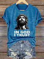 Women's  In God I Trust Christian T-Shirt, Retro Jesus Portrait Graphic Tee, Faith Based Religious Shirt