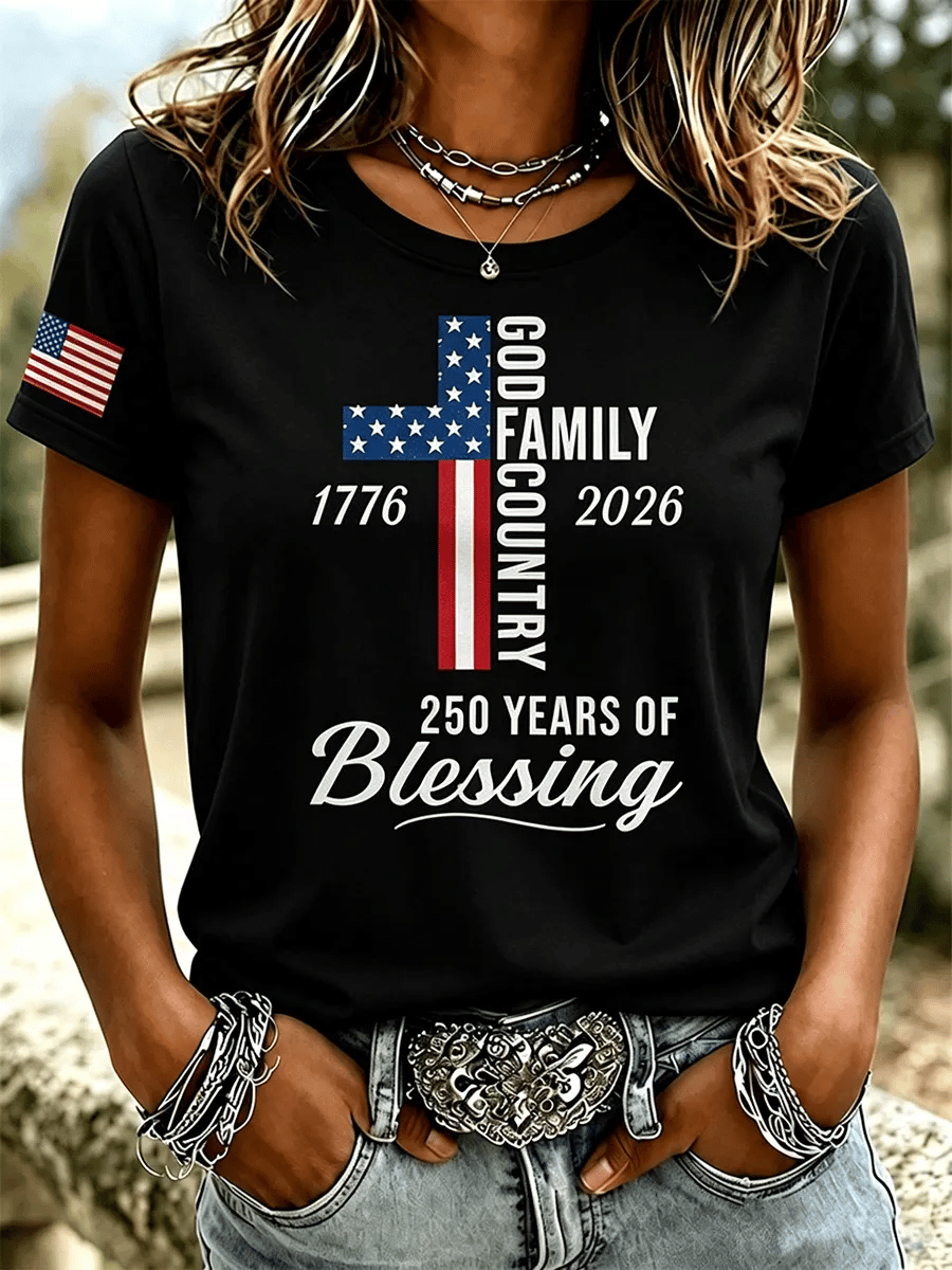 Women's God Family Country 1776-2026 Cross Flag Graphic Short Sleeve Tee