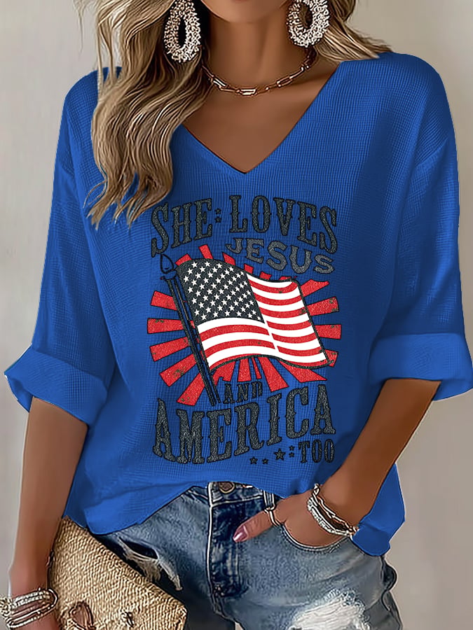 V-Neck She loves JESUS and AMERICA Printed T-Shirt