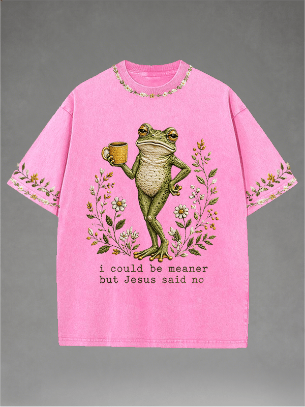 Men's Washed Crew-Neck i could be meaner but Jesus said no Print T-Shirt
