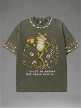Men's Washed Crew-Neck i could be meaner but Jesus said no Print T-Shirt