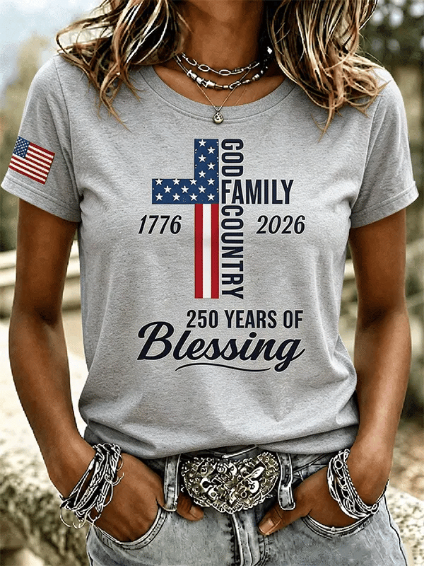 Women's God Family Country 1776-2026 Cross Flag Graphic Short Sleeve Tee