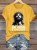 Women's  In God I Trust Christian T-Shirt, Retro Jesus Portrait Graphic Tee, Faith Based Religious Shirt