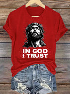 Women's  In God I Trust Christian T-Shirt, Retro Jesus Portrait Graphic Tee, Faith Based Religious Shirt