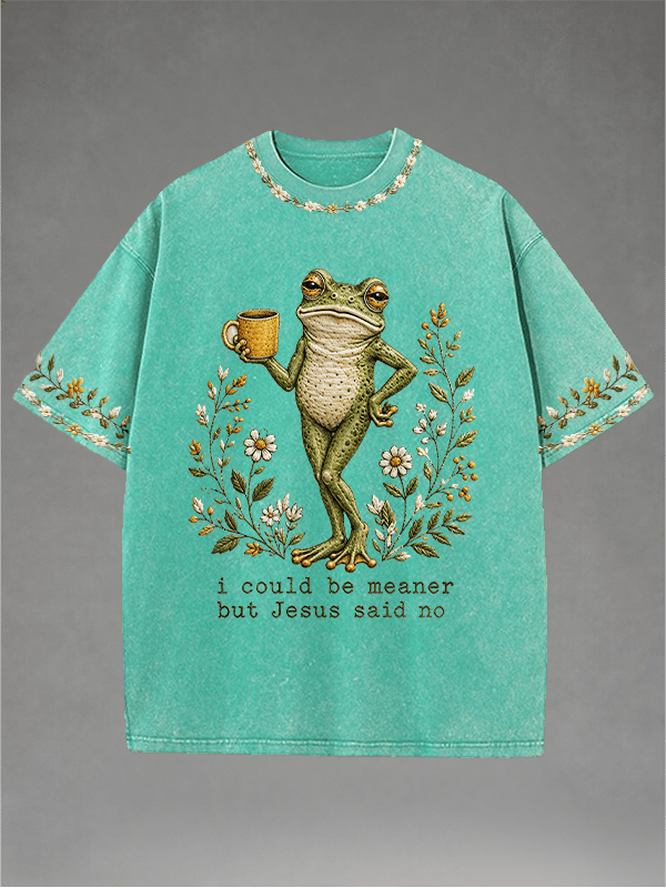 Men's Washed Crew-Neck i could be meaner but Jesus said no Print T-Shirt