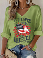 V-Neck She loves JESUS and AMERICA Printed T-Shirt