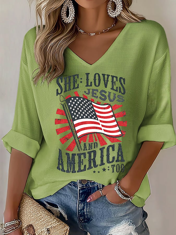 V-Neck She loves JESUS and AMERICA Printed T-Shirt