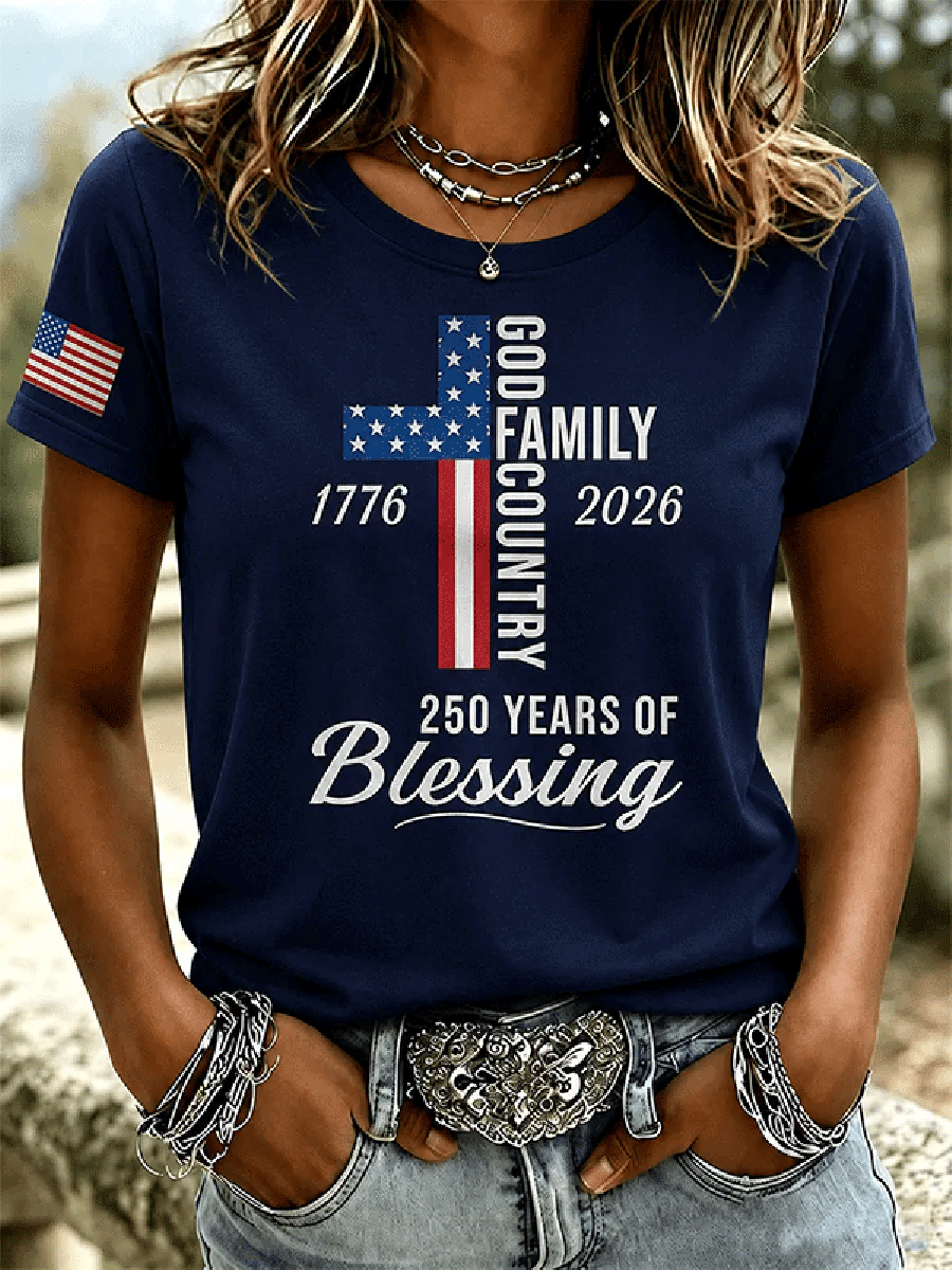 Women's God Family Country 1776-2026 Cross Flag Graphic Short Sleeve Tee