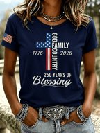 Women's God Family Country 1776-2026 Cross Flag Graphic Short Sleeve Tee