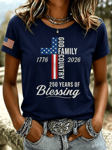 Women's God Family Country 1776-2026 Cross Flag Graphic Short Sleeve Tee