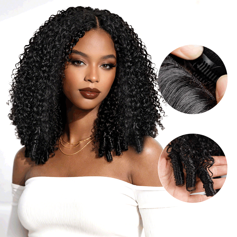 QVR Brown Highlight V Part Wigs Burmese Curly Invisible Lace Edge Human Hair Wig