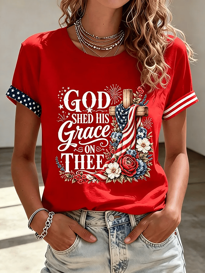 Women's Floral American Flag Printed Casual T-shirt