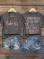 V-Neck Retro God Is Within Her She Will Not Fall Psalms 46:5 Print T-Shirt