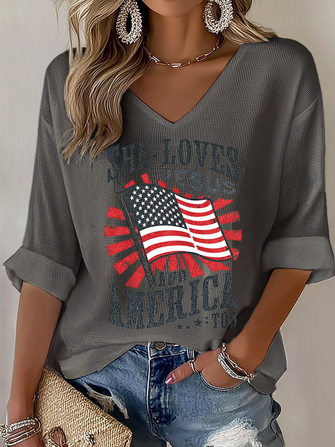V-Neck She loves JESUS and AMERICA Printed T-Shirt
