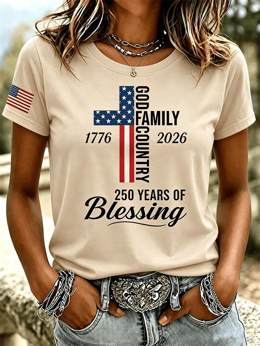 Women's God Family Country 1776-2026 Cross Flag Graphic Short Sleeve Tee