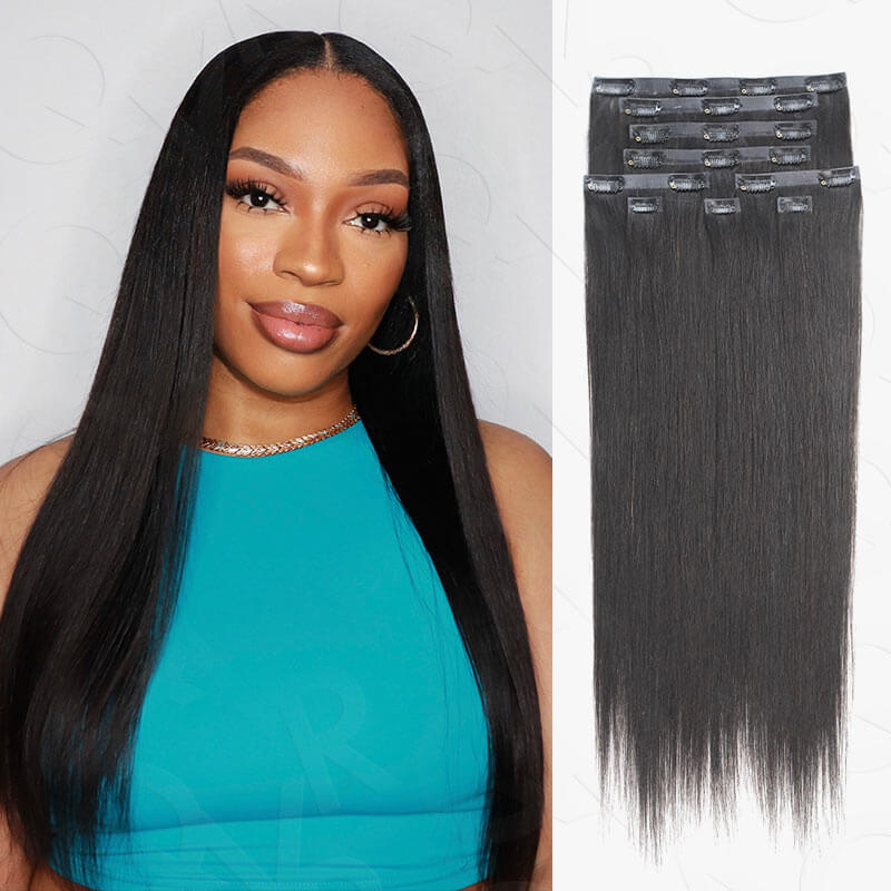 QVR Invisible 9PCS Weft Clip In Hair Extensions 5PCS Volumizer Natural Straight PU Clip In Human Hair