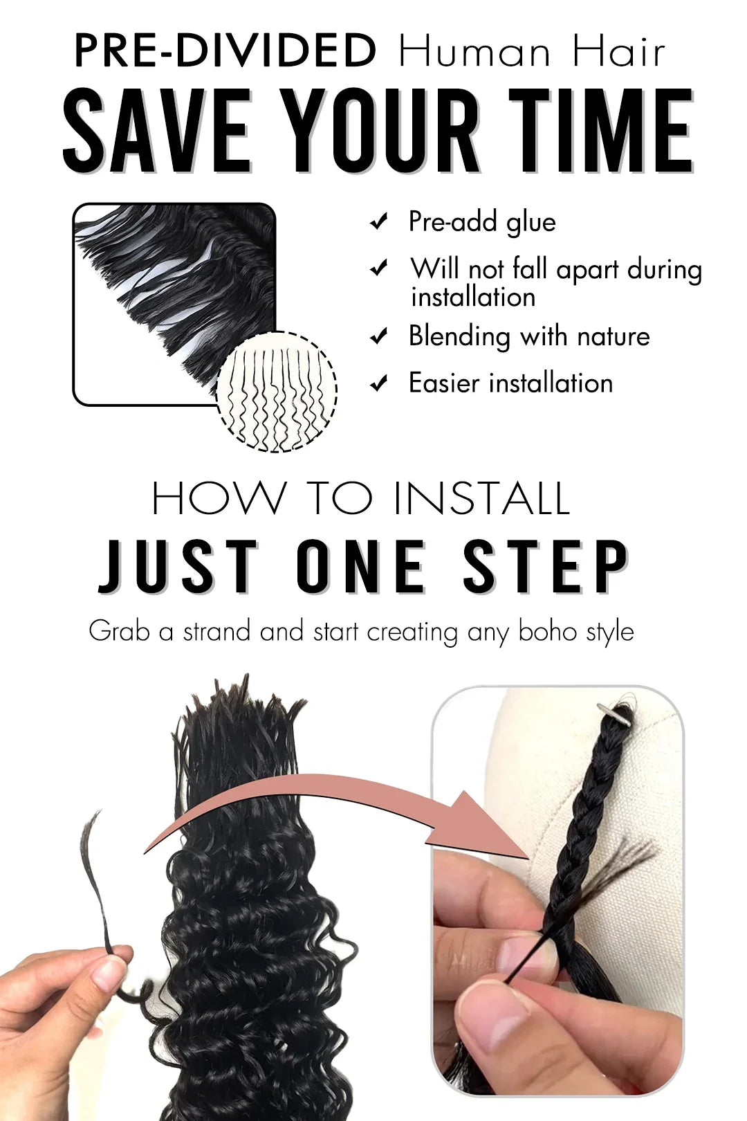 Pre-Divided Deep Wave Bulk Human Hair For Braiding Easy Split BU81