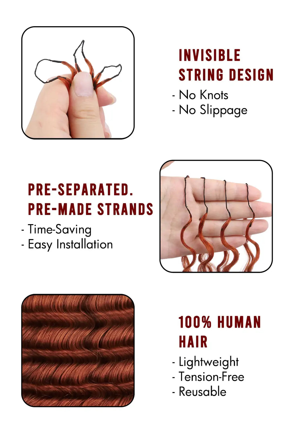 350# Ginger Deep Wave Feather Crochet Miracle Knots Human Hair