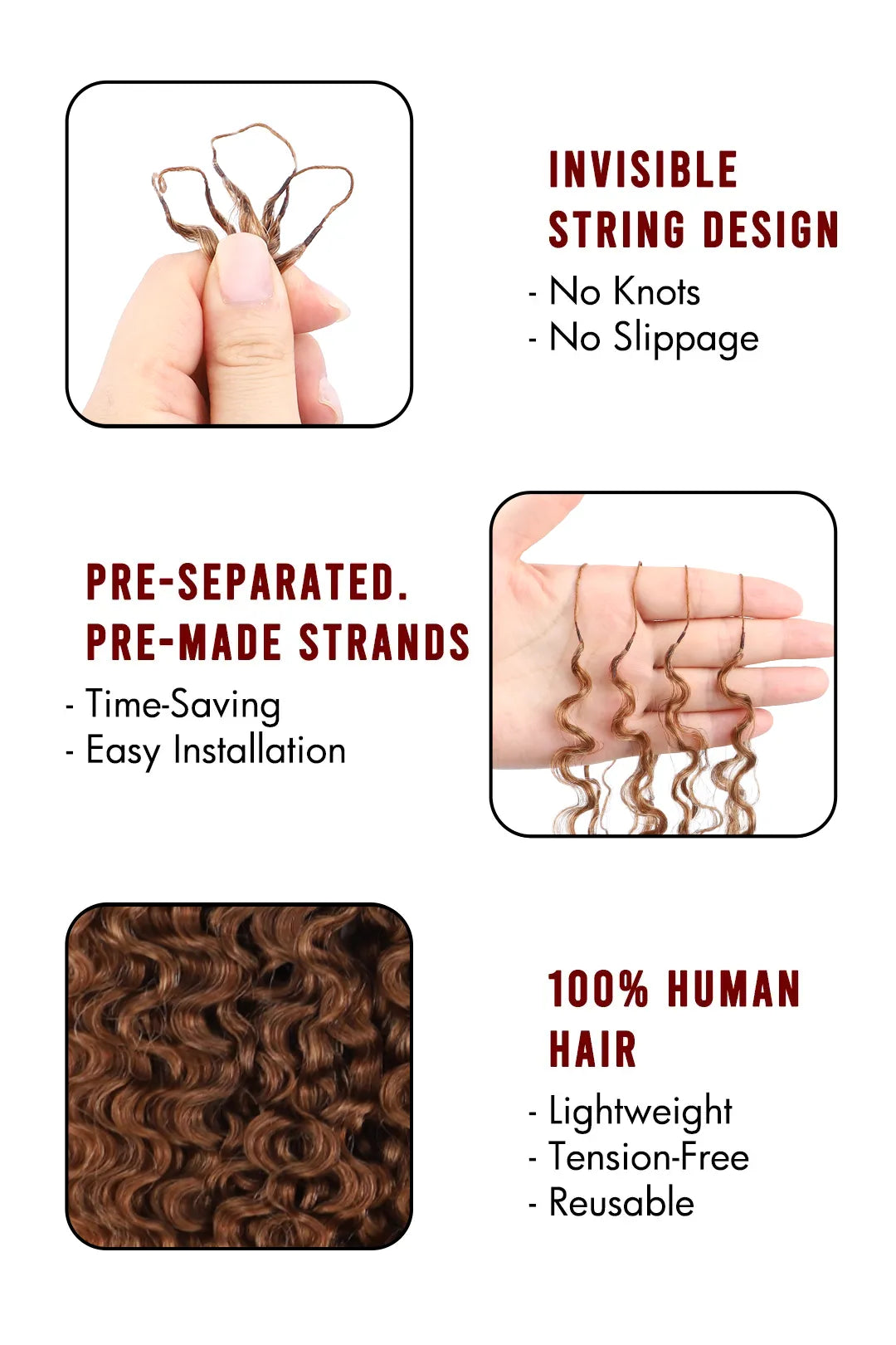 Auburn Brown #30 Burmese Curly with Spiral Curls Crochet Miracle Knots Hair