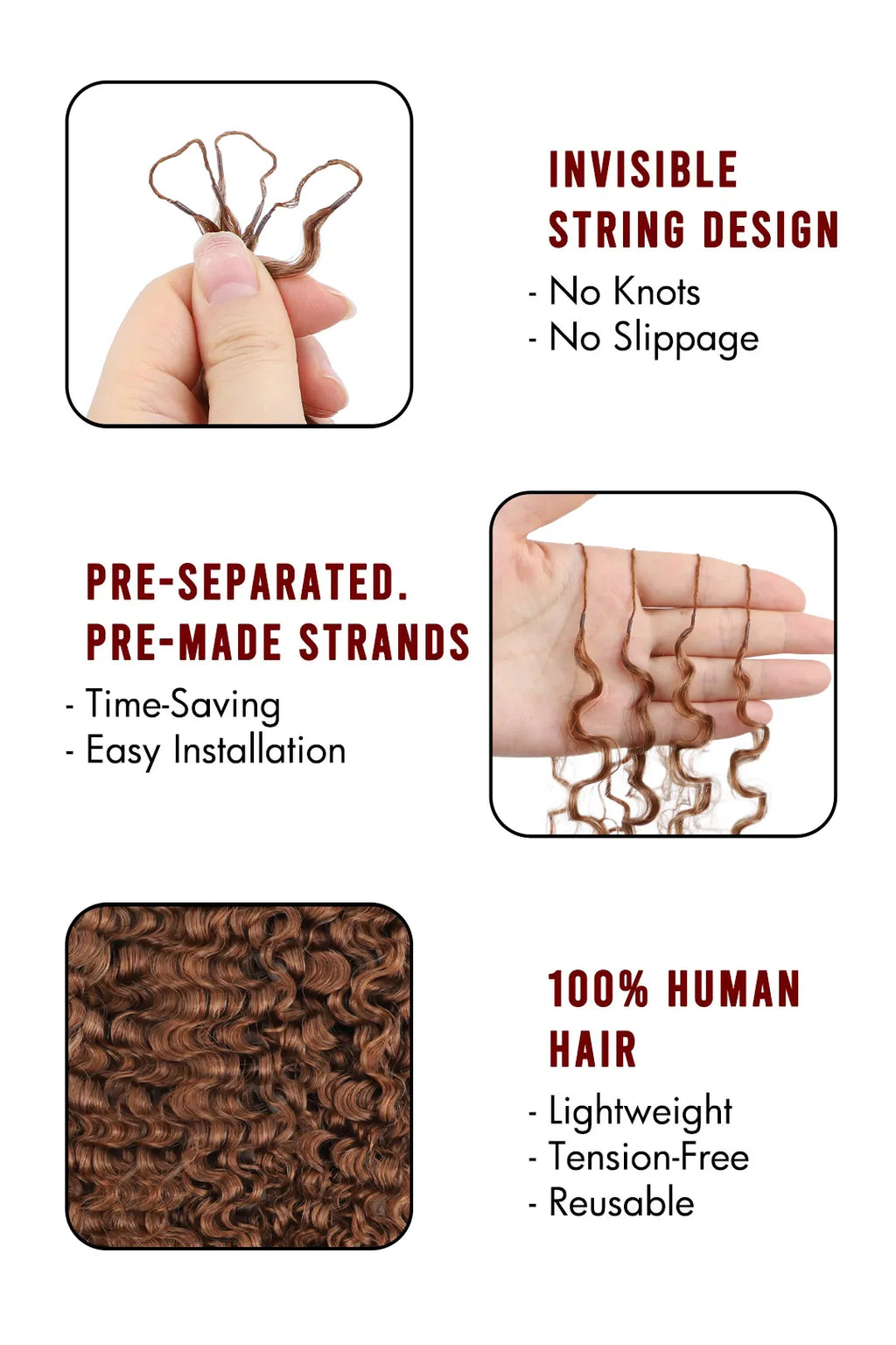 Auburn Brown #30 Water Deep Wave Feather Crochet Miracle Knots Hair