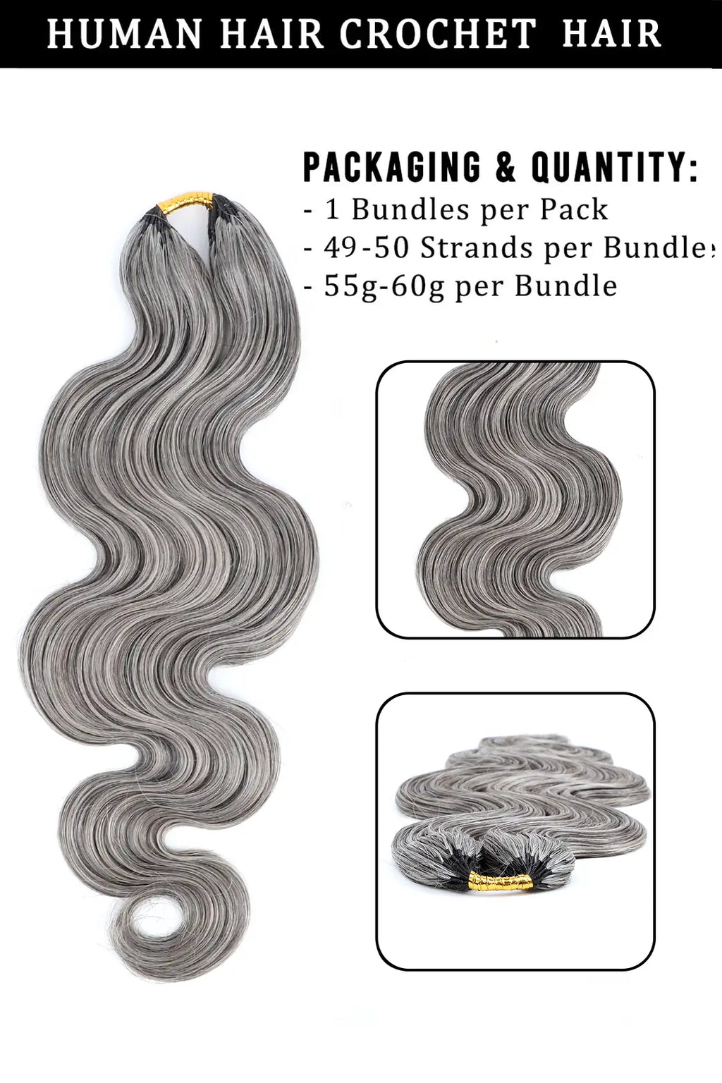 Double Drawn Salt and Pepper Body Wave Crochet Hair 85% Gray