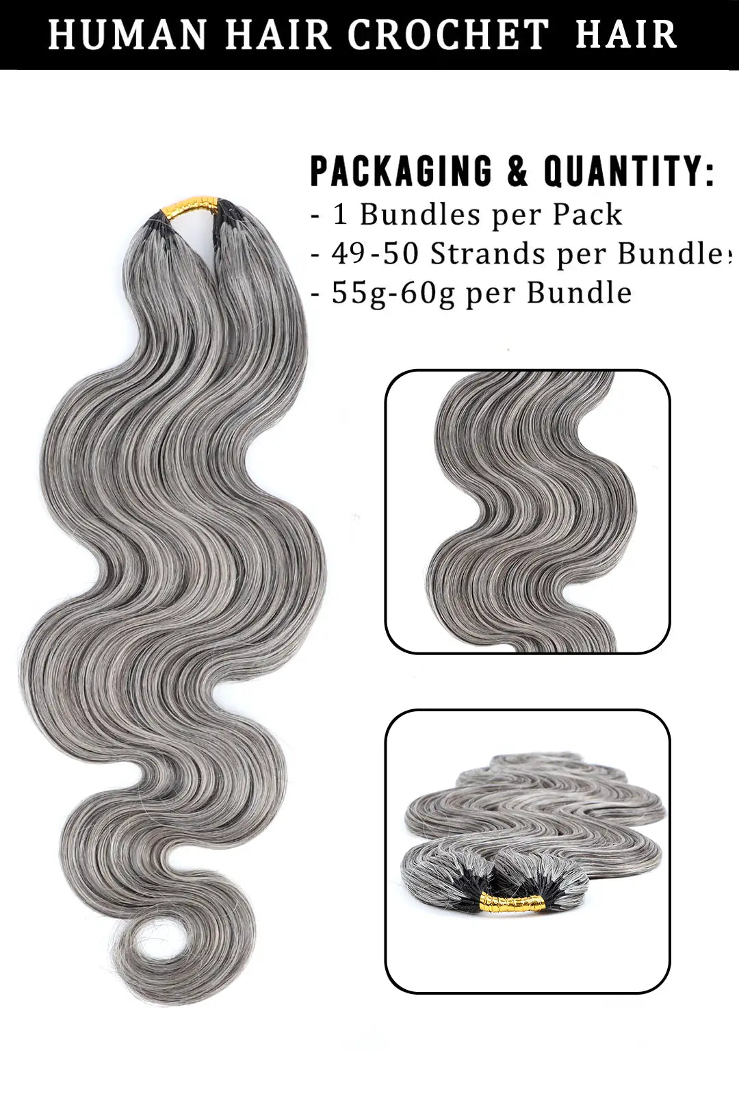 Double Drawn Salt and Pepper Body Wave Crochet Hair 85% Gray